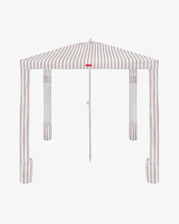 Carpa de playa con rayas beige y blanco