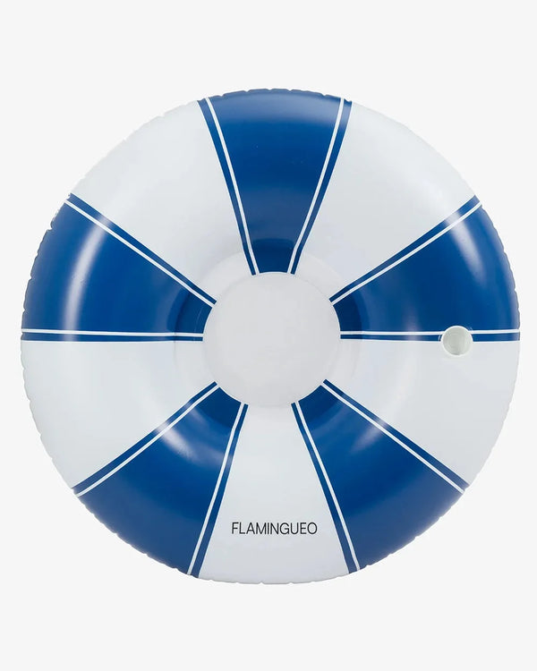 Flotador donut azul marino y blanco con posavasos