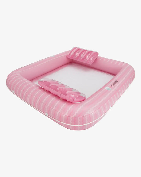 Colchoneta hinchable doble rosa con rejilla central y almohadas