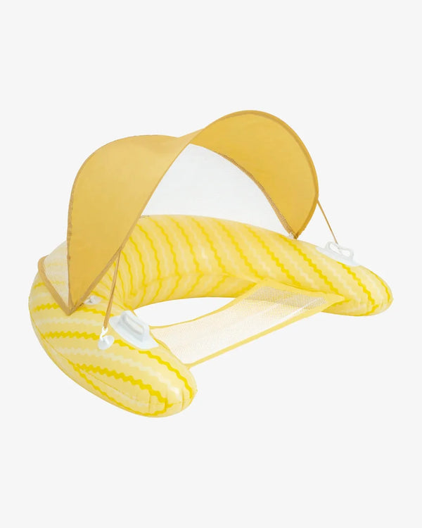 Flotador asiento amarillo con parasol ajustable y rejilla para piscina