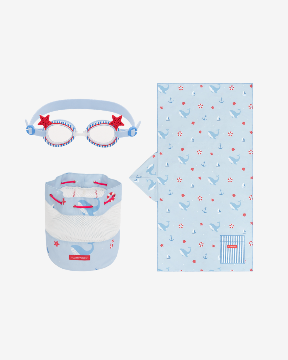 Pack toalla, gafas y mochila infantil - azul claro