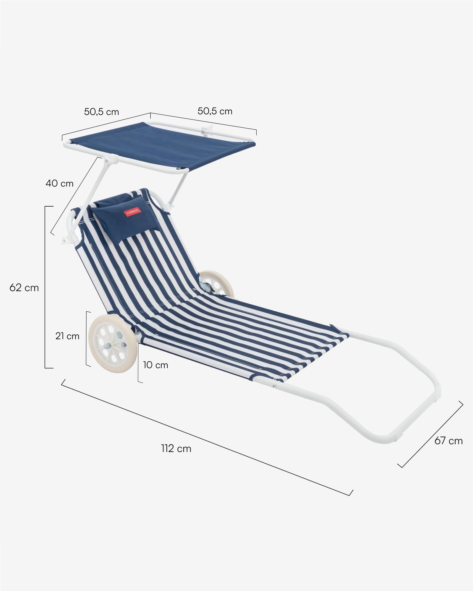 Medidas del producto Tumbona de playa con ruedas y parasol – FREYA
