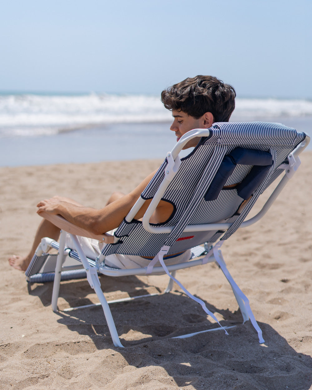 silla de playa plegable azul