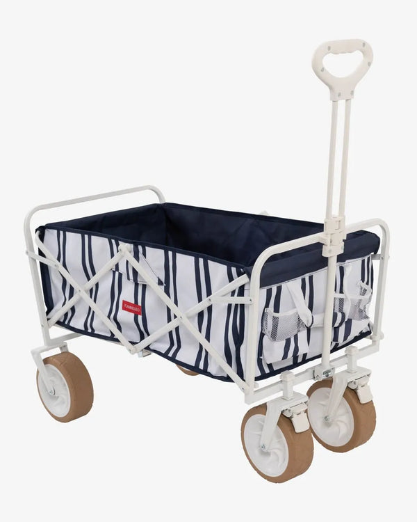 Carro plegable de playa a rayas azules y blancas